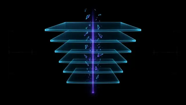 Stacked plates of glass drawn in cyan light, a violet beam rising through them and small shards drifting upward.