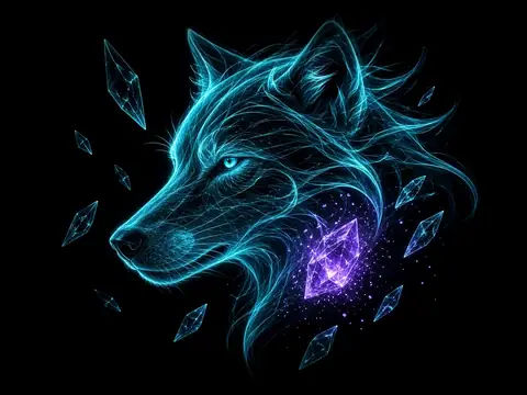 A ghost-wolf head drawn in cyan light filaments, small glass shards floating toward it and a violet crystal forming beside its muzzle.
